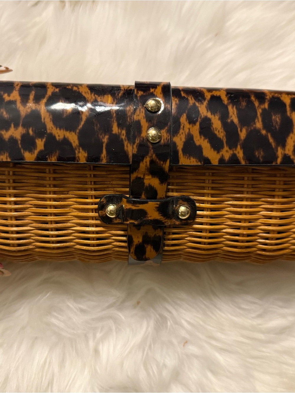 Leopard Print Wicker Clutch Bag - Brown